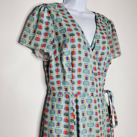 eShakti Women Colorful Owl Wrap Maxi Dress Size L Short Sleeve V Neck Whimsy - Picture 2 of 10